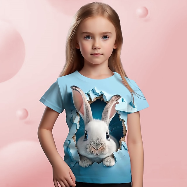  女の子 3D グラフィック カートゥン バニー Tシャツ Ｔシャツ 半袖 3Dプリント 夏 春 活発的 ファッション かわいいスタイル ポリエステル 子供 3〜12年 アウトドア カジュアル 日常 レギュラー