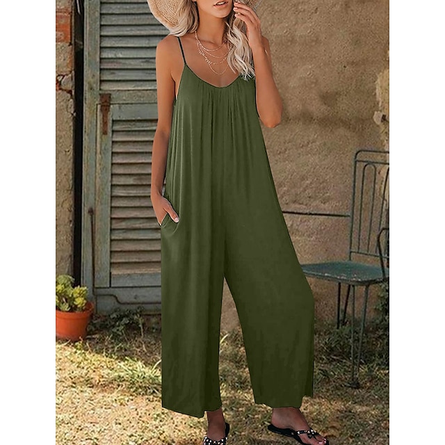  Women's Jumpsuits Casual Summer Solid Color V Neck Holiday Daily Going out Wide Leg Loose Fit Spaghetti Strap Khaki 3XL