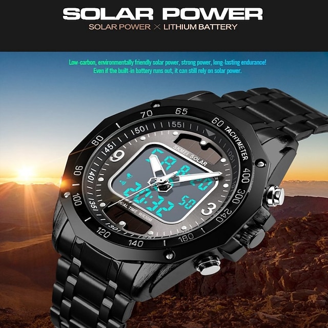  skmei solární pánské sportovní digitální hodinky módní solární sportovní náramkové hodinky duální displej z nerezové oceli vodotěsné mužské hodiny multifunkční analogový digitální displej mužské