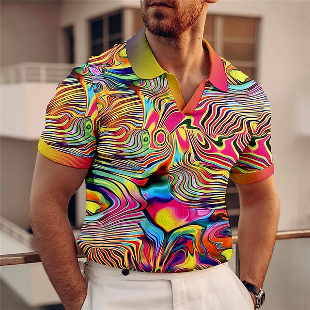 Men's Polo Shirt Golf Shirt Optical Illusion Graphic Prints V Neck Red ...