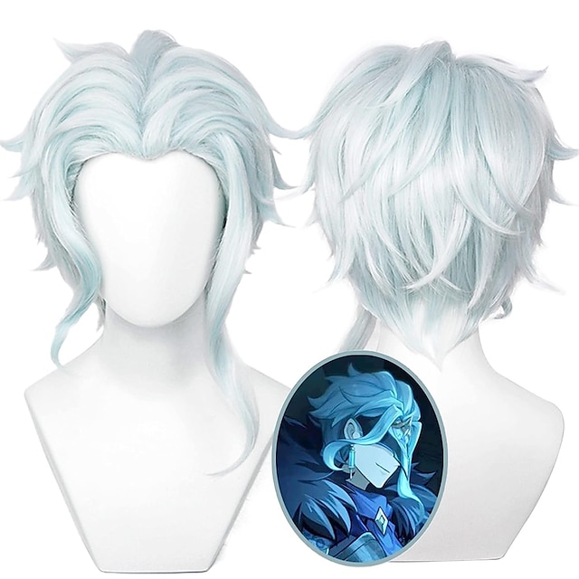  anime cosplay περούκα genshin impact dottore περούκες με ασημί ανακατεμένο με απαλά μπλε custome μαλλιά για θεματικό αποκριάτικο πάρτι