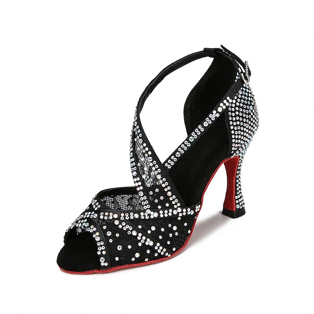 Mulheres Sapatos de Dança Latina Profissional Sapatos Brilhantes à moda Gliter com Brilho Dedo Aberto Fivela Adulto Amêndoa Preto