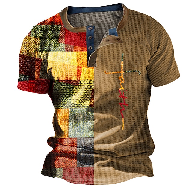 Herr Waffle Henley Shirt Grafisk Färgblock Henley Kläder 3D-tryck Utomhus Dagligen Kortärmad Knapp Mode Designer Grundläggande