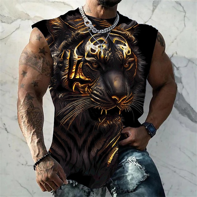  Herre Vest Top Ærmeløs T-shirt til mænd Grafisk Dyr Tiger Rund hals Tøj 3D-udskrivning Daglig Sport Uden ærmer Trykt mønster Mode Designer Muskel