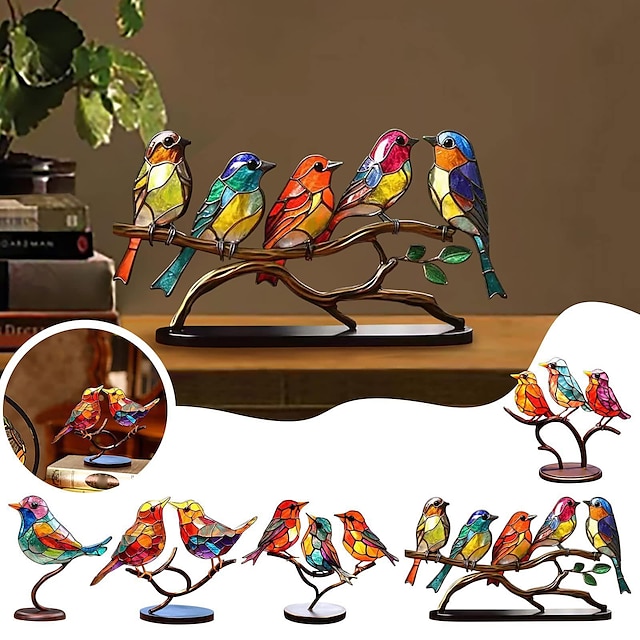 Stained Birds On Branch Desktop Ornaments,Metal Flat Vivid Birds ...