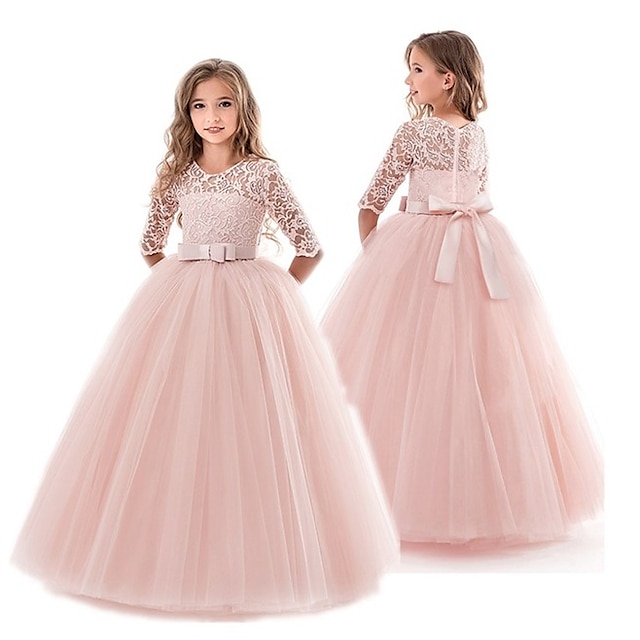  Kids Girls' Dress Solid Colored Pegeant Bow Vintage Princess Polyester Maxi Pink Princess Dress White Pink Wine