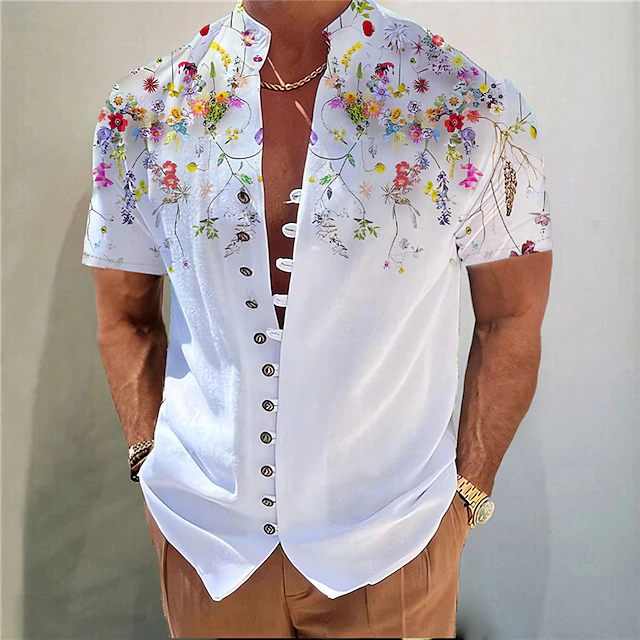 Men's Floral Shirt Button Up Shirt Short Sleeve Fashion Streetwear Designer Vacation Street Daily Summer Spring Stand Collar Print Red Blue Green Gray 5