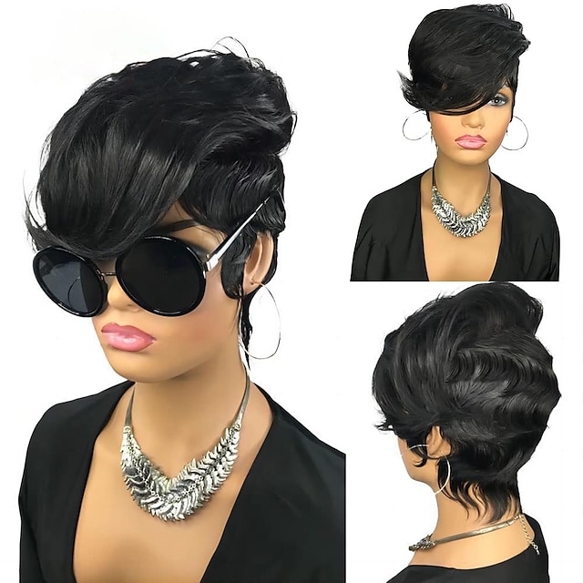  Bob Wig Human Hair Short Pixie Cut Wigs for Black Women  Wig with Bangs Layered None Lace Front Wig Full Machine Made Wig 1B Color