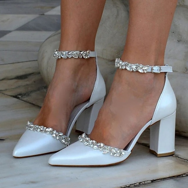  bryllup sko til bruden brudepige kvinder lukket tå spids tå hvid imiteret læder pumps med rhinestone krystal chunky hæl bryllupsfest valentinsdag elegant klassisk ankelrem