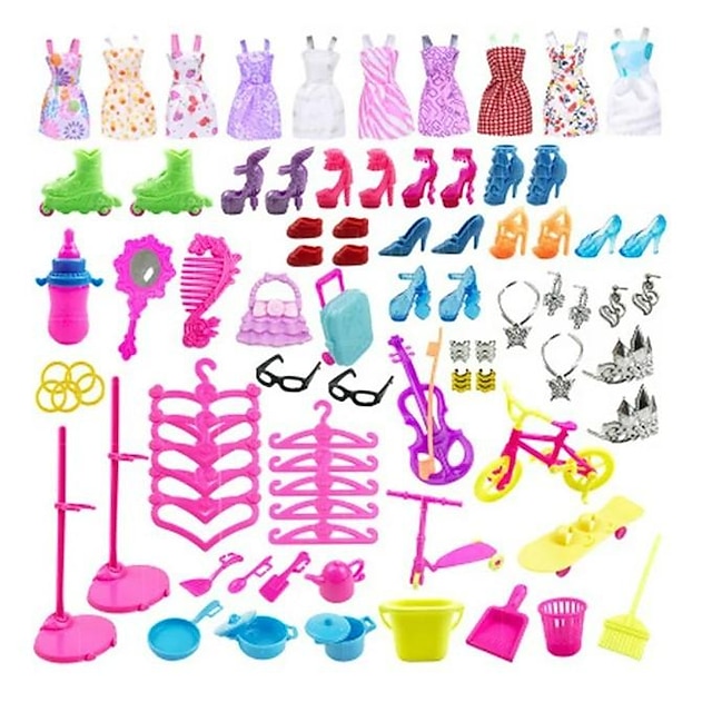  Ropa y accesorios de muñeca rosa, paquete de accesorios de muñeca de vestir lele, traje de falda de 10 piezas, caja de regalo grande, accesorios, zapatos de joyería, juego de 85 piezas