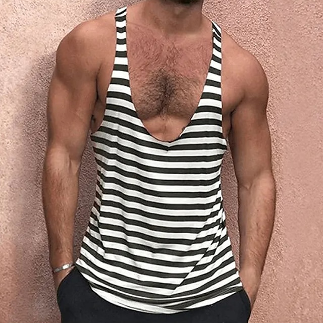  בגדי ריקוד גברים עליונית טנק גופייה גופיה חולצה ללא שרוולים ללא שרוולים V עמוק קיץ פסים אופנתי מעצב שְׁרִיר בָּחוּץ ליציאה חדר כושר לבן אודם תלתן חולצה עליונה לגברים