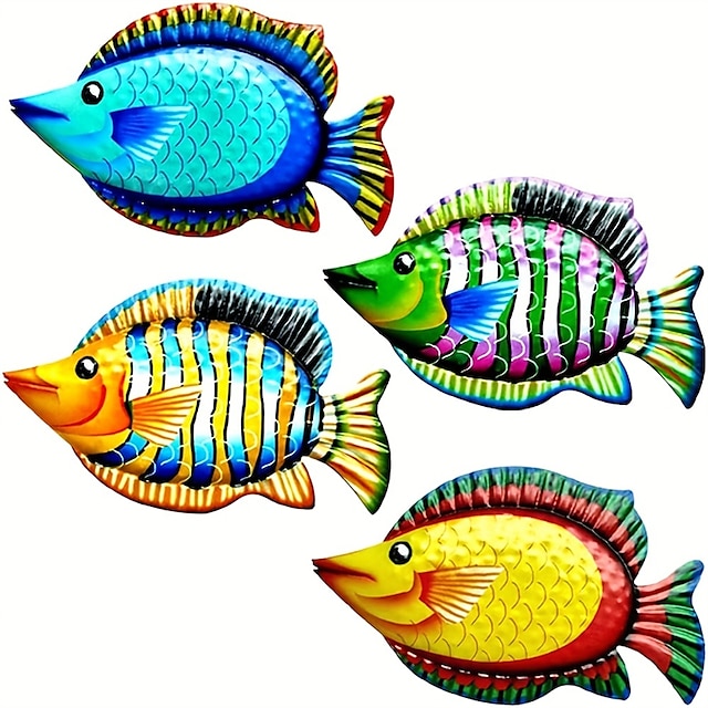  1 יחידות דגים מתכת אמנות קיר מתכת צבעוני דגים טרופיים דקור 3D חיצוני פיסול אוקיינוס נושא עיצוב חדר אמבטיה תפאורה גינה גדר קיר תפאורה מתכת קיר אמנות תפאורה 17.5x30cm/6.9''x11.8''