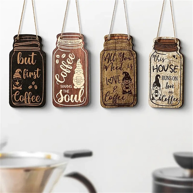  4pcs Wooden Coffee Sign Wall Hanging - Add a Touch of Charm to Your Home or Cafe!