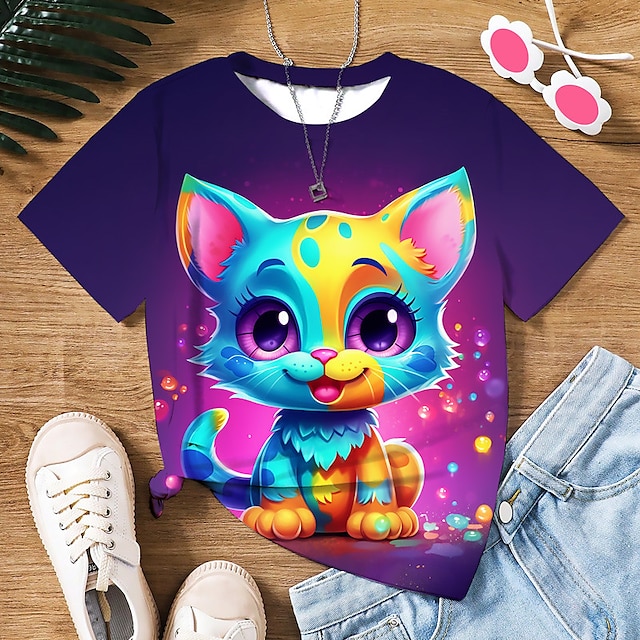  Flickor 3D Grafisk Tecknat Katt T-shirt Kortärmad 3D-tryck Sommar Vår Aktiv Mode söt stil Polyester Barn 3-12 år Utomhus Ledigt Dagligen Normal