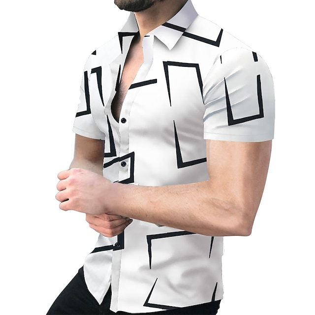 Men's Shirt Graphic Prints Geometry Cuban Collar Black White Yellow Red ...
