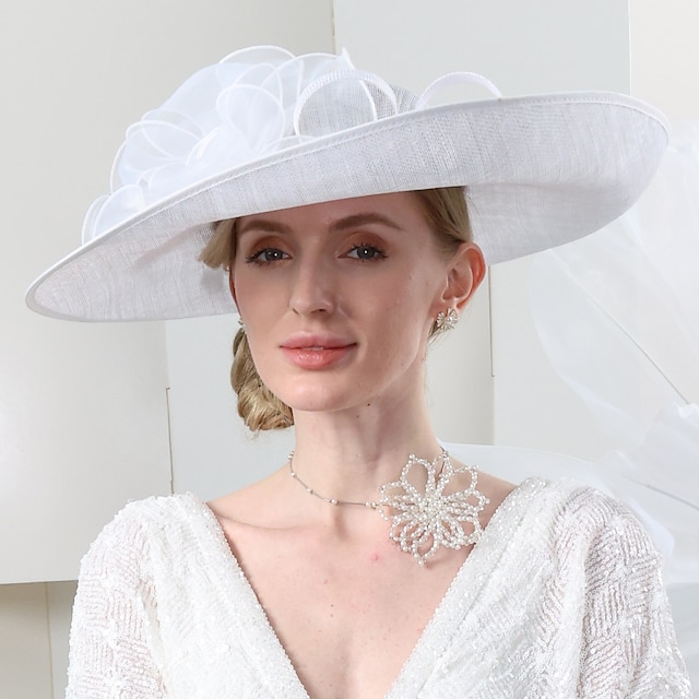  hoeden vlas zonnehoed hoge hoed sinamay hoed bruiloft strand elegant brits met gebloemde tule hoofddeksel hoofddeksel