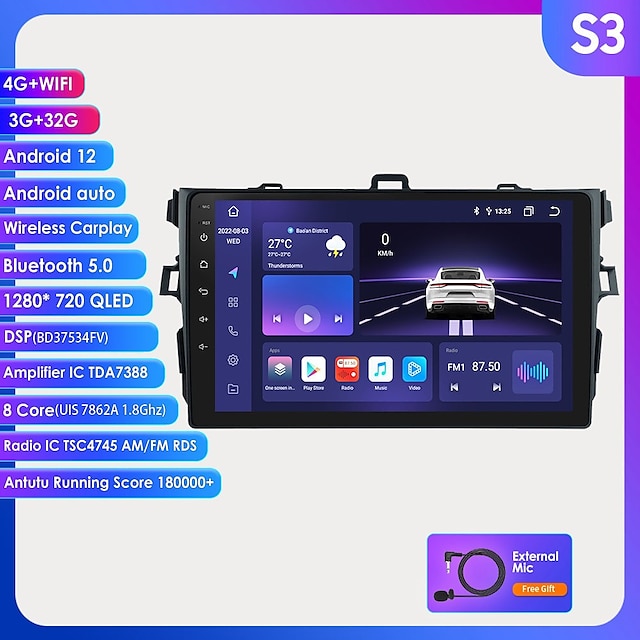  2din автомагнитола мультимедийный видеоплеер для Toyota Corolla 2007-2011 навигация GPS CarPlay 4G Android 12 стерео