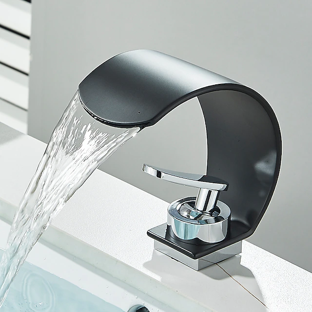 Waterfall Bathroom Faucet Sink Mixer Basin Taps, Arc Spout Single Handle Washroom Faucet Deck Mounted with Cold and Hot Hose Black Chrome White 9