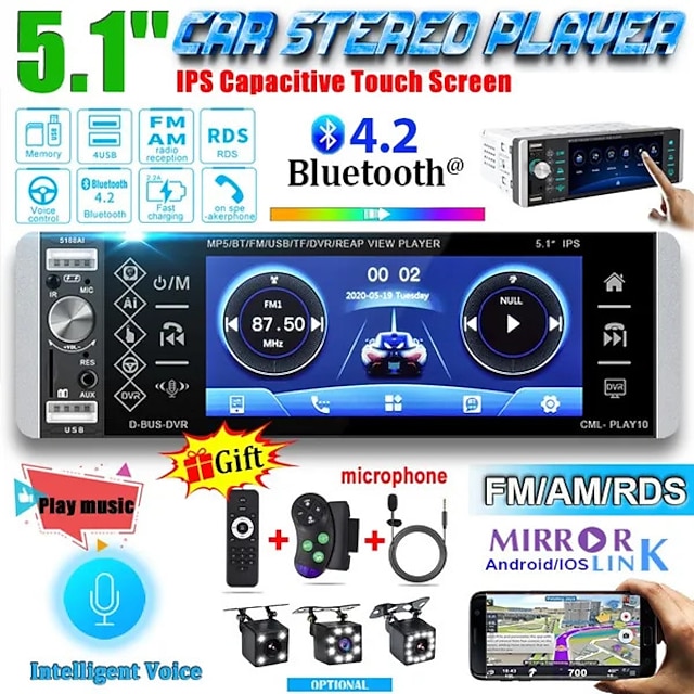  5.1 ''écran tactile capacitif ips hd voix intelligente 1din voiture lecteur mp5 bluetooth 4.2 autoradio prise en charge fm am rds microphone dvr 4usb bluetooth cam (en option)
