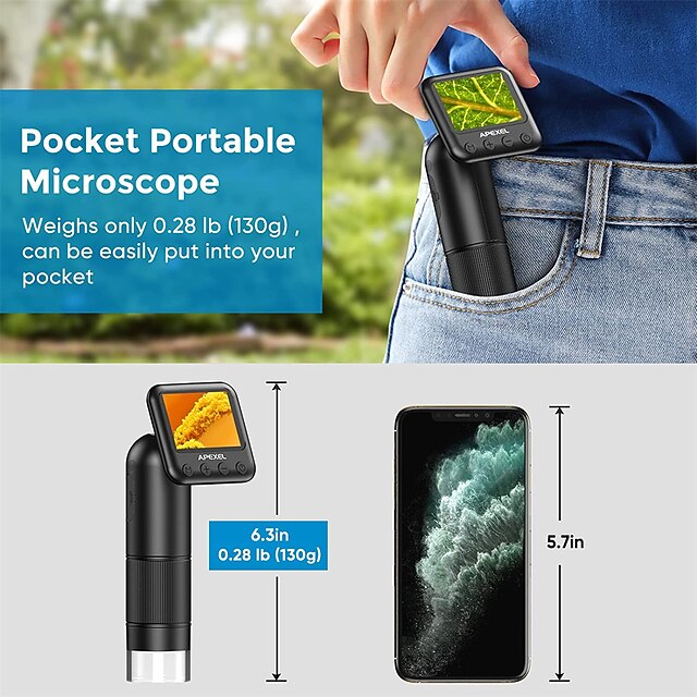 Microscopio Digitale Portatile Per Bambini Umisu – Schermo 2'', 120-1200X, 6 Luci LED, Batteria 500mAh, Foto E Video, Regalo Educativo