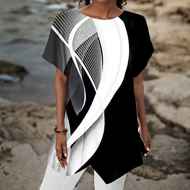 Women's Shirt Asymmetrical Hem Basic Abstract Print Short Sleeve Long Tops Round Neck Casual Silver Black White Blue Khaki 7