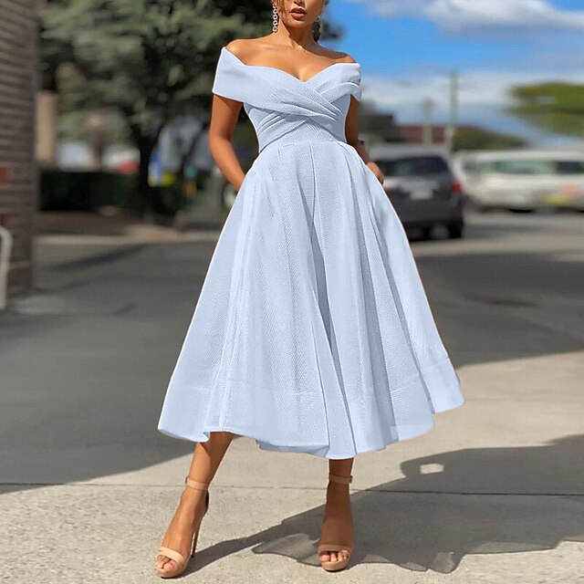 A-Line Prom Dresses Vintage Dress Wedding Guest Summer Tea Length Sleeveless Off Shoulder Organza Backless with Ruched Dresses 9