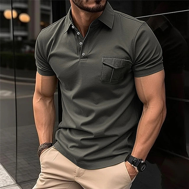 Men's Button Up Polos Golf Shirt Work Casual Lapel Short Sleeve Modern Formal Plain Front Pocket Summer Regular Fit Black Army Green Red Navy Blue Gray Button Up Polos 6