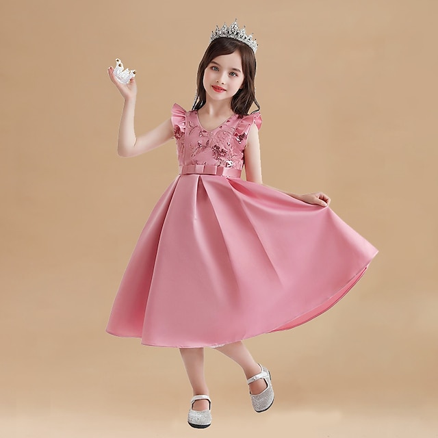  Kids Girls' Dress Sequin Sleeveless Party Special Occasion Graduation Sparkle Elegant Princess Polyester Above Knee Floral Embroidery Dress Fall Winter 3-10 Years Sapphire Beige Yellow