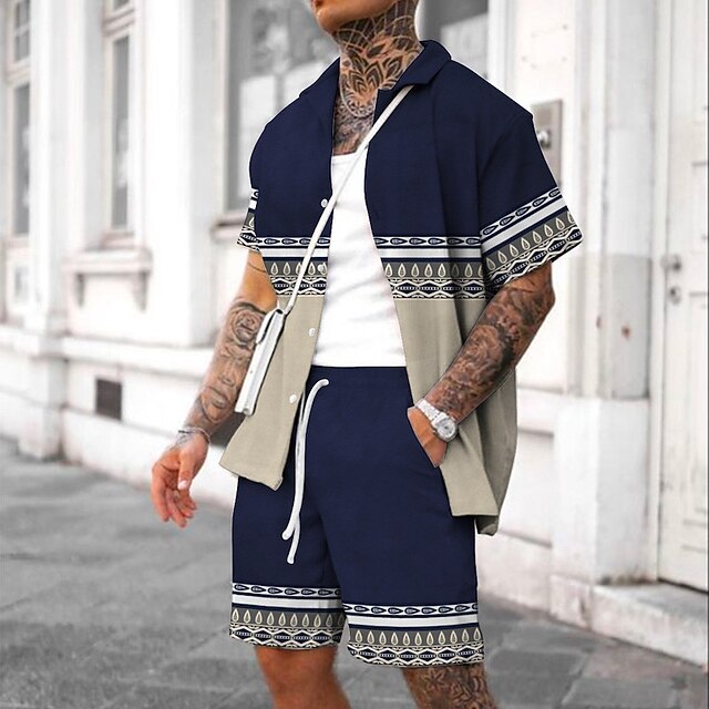 Men's Vintage Geometry Ethnic 2pcs Shirts Sets Summer Hawaiian Shirt Short Sleeve Short Pants Turndown Fashion Streetwear Designer Outdoor Street Daily Print Summer Spring Wine Navy Blue3