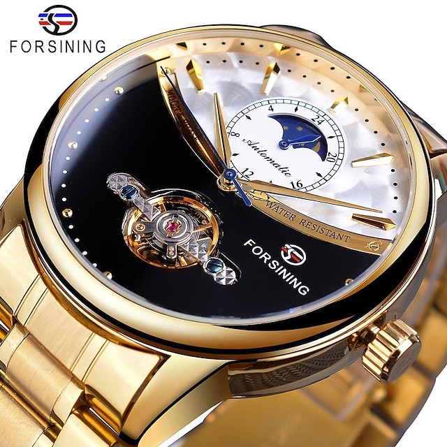  Forsining Men Watch Automatic Golden Sun Moon Phase Steel Band Black White Face Business Mechanical Reloj Hombre