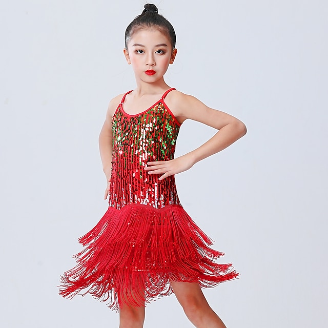  latinalainen tanssi lasten tanssiasut mekko hapsuinen tupsu puhdas väri splicing tyttöjen esiintymisharjoittelu hihaton polyesteri paljeteilla