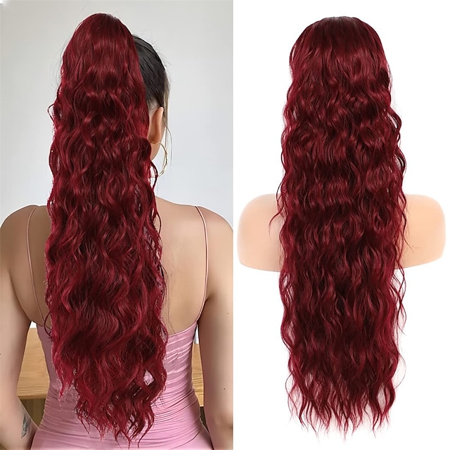  Burgundy Ponytail Extension 24 Inch Long Wine Red Drawstring Ponytail Extension for Women Synthetic Long Curly Wavy Ponytail Hair Extensions for Daily Party Use