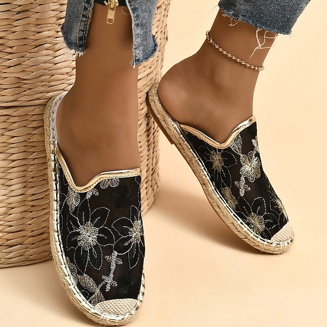  Slip-on espadriller i blomstret netting til dame, brodert blonder og flettet såle, pustende sommersko for strand, reise og fritidsantrekk.