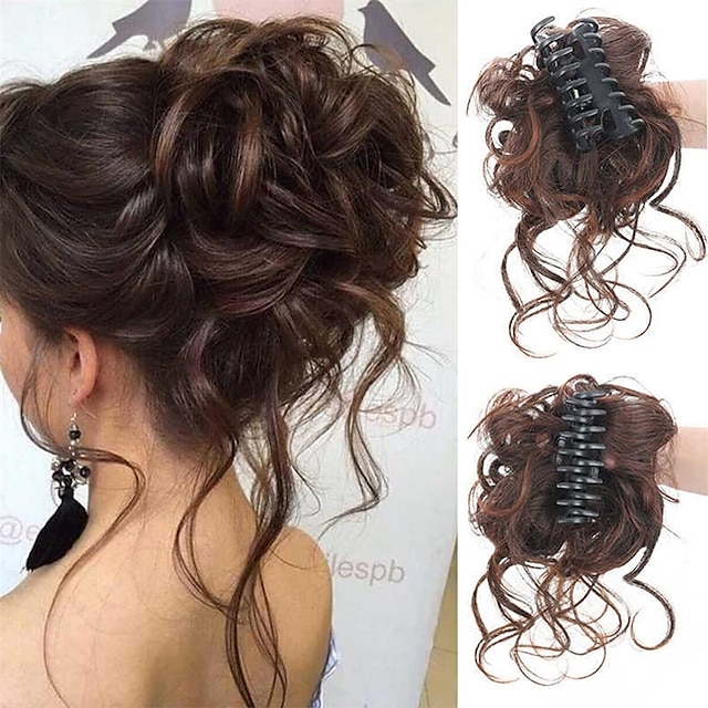  Claw Clip Messy Bun Hair Pieces for Women Tousled Updo Ponytail Synthetic Curly Wavy Bun Hair Extension With Hair Clips