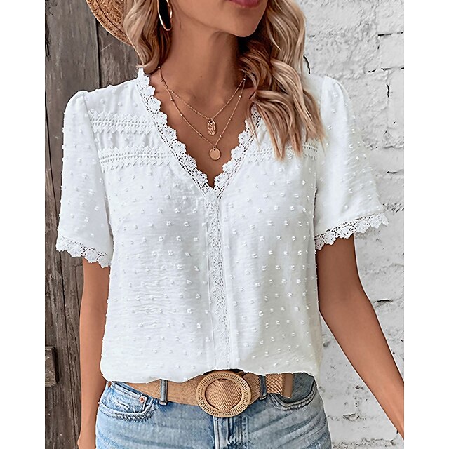 Women's Shirt Blouse Plain White Lace Trims Short Sleeve Casual Vintage ...