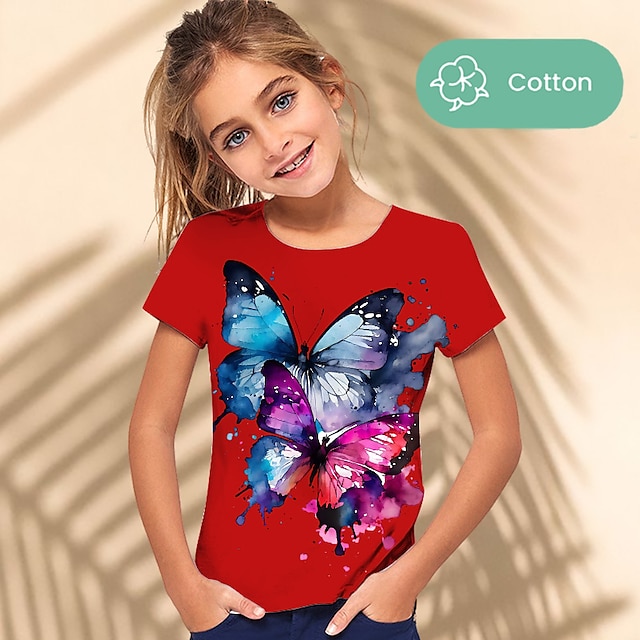  Girls' 3D Graphic Animal Butterfly T shirt Tee Short Sleeve 3D Print Summer Spring Active Fashion Cute 100% Cotton Kids 3-12 Years Outdoor Casual Daily Regular Fit