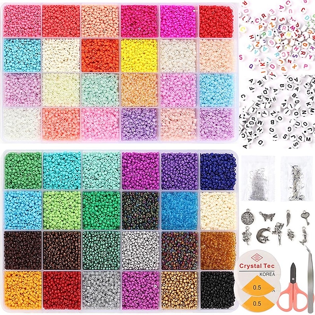 36000pcs Glass Seed Beads 2mm Beads 48 Colors 12/0 Small Bracelets Beads and 260 Letter Beads for Jewelry Making Crafts,Bracelets Making Kit 12
