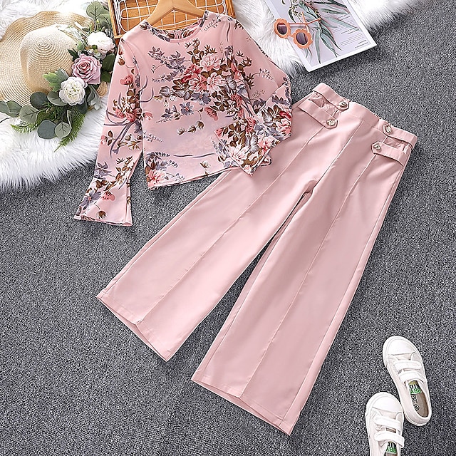  2 Pieces Kids Girls' Floral Crewneck Shirt & Pants Set Long Sleeve Fashion Outdoor 7-13 Years Summer Pink