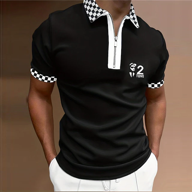 Music Festival Men's Plaid Music Zip Polo Shirts Golf Shirt Short Sleeve Polo Shirts Collared Shirts Casual Vacation Wear Festival Wear Party Outfits 3D Print Quarter Zip Polo Black 6