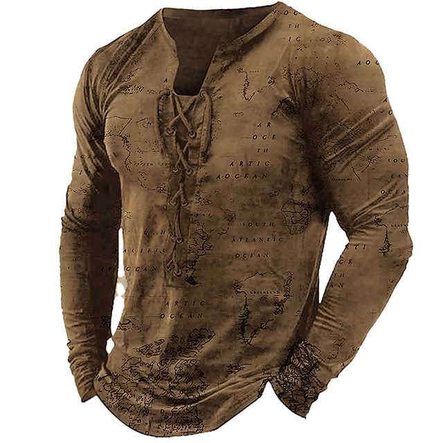  男性用 Tシャツ グラフィック 世界地図 カラー 衣類 3Dプリント 日常 お出かけ 長袖 レースアップ プリント ファッション デザイナー 快適