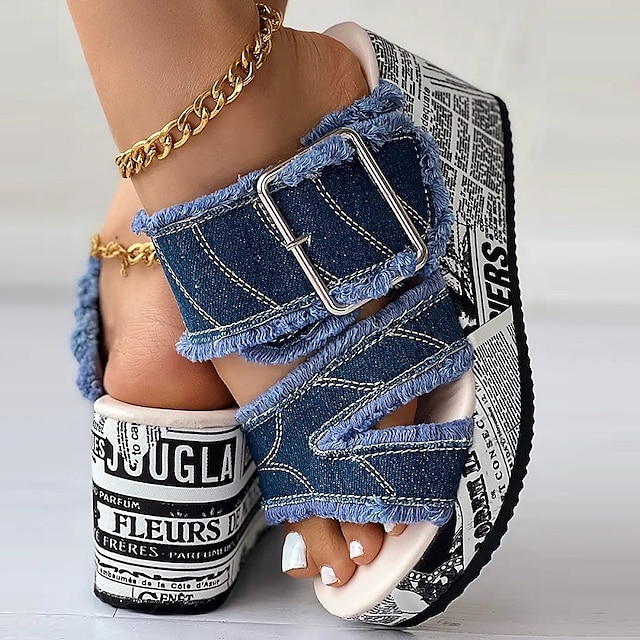  Women's Sandals Slippers Wedge Sandals Plus Size Outdoor Slippers Daily Solid Color Summer Wedge Heel Open Toe Casual Canvas Blue