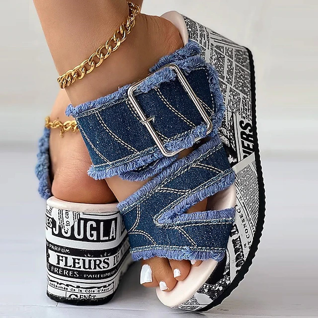 Women's Denim Platform Sandals with Adjustable Buckle Straps and Newspaper Print Wedge Sole, Trendy Chunky Summer Shoes for Streetwear and Festivals 11