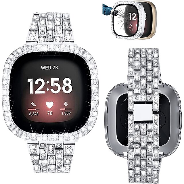 cinturino per smart watch compatibile con fitbit versa 3 / sense / versa 4 / sense 2 sostituzione del cinturino in metallo con diamante bling con custodia proteggi schermo per fitbit versa 3 / sense /