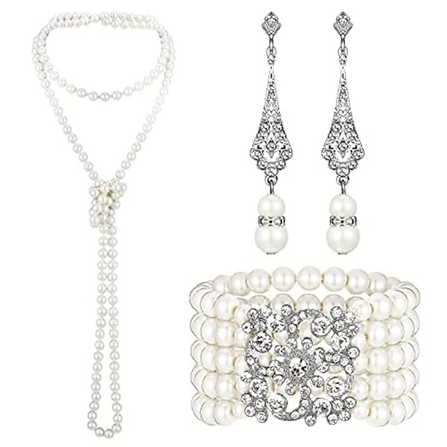 1920s Pearl Jewelry Set Including Vintage Flapper Earrings Multilayer Imitation Pearl Necklace Bracelet for Women Girls3