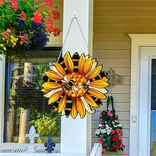  1buc floarea soarelui agatat din lemn semn artificial coroana de floarea soarelui pentru ușa din față living camera baie