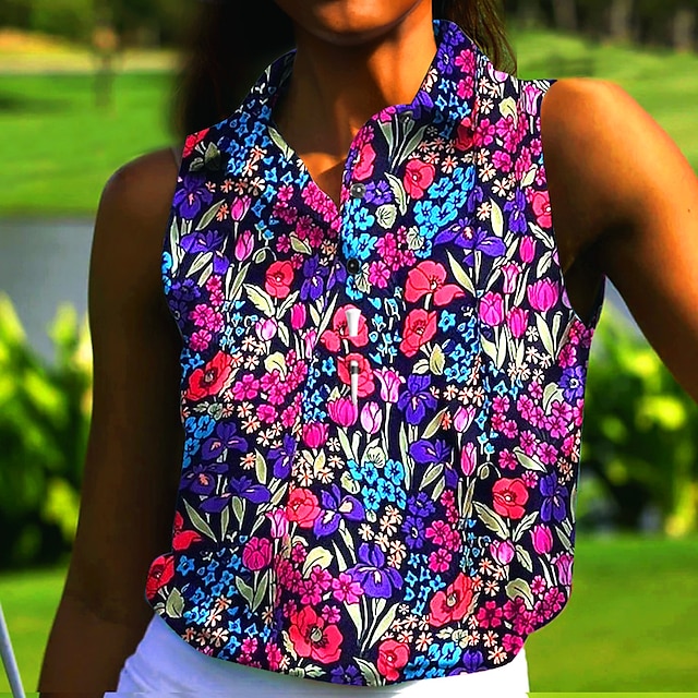  Women's Golf Polo Shirt Golf Shirt Button Up Polo Purple Green Sleeveless Golf Apparel Golf Clothes Floral Ladies Golf Attire Clothes Outfits Wear Apparel