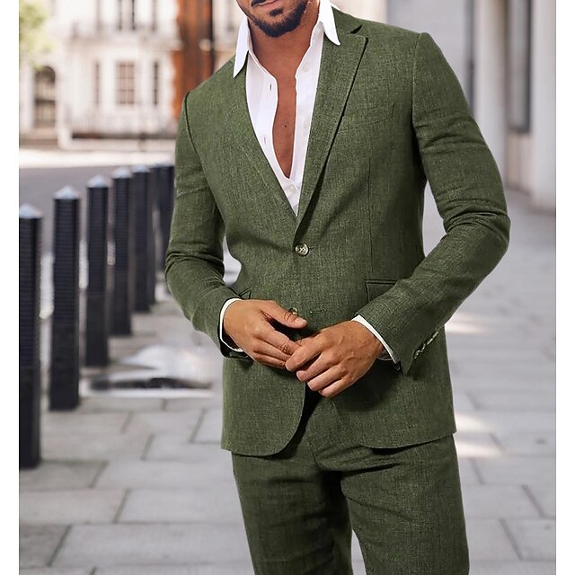 Green Men's Linen Suits Summer Beach Wedding Suits 2 Piece Solid Colored Tailored Fit Single