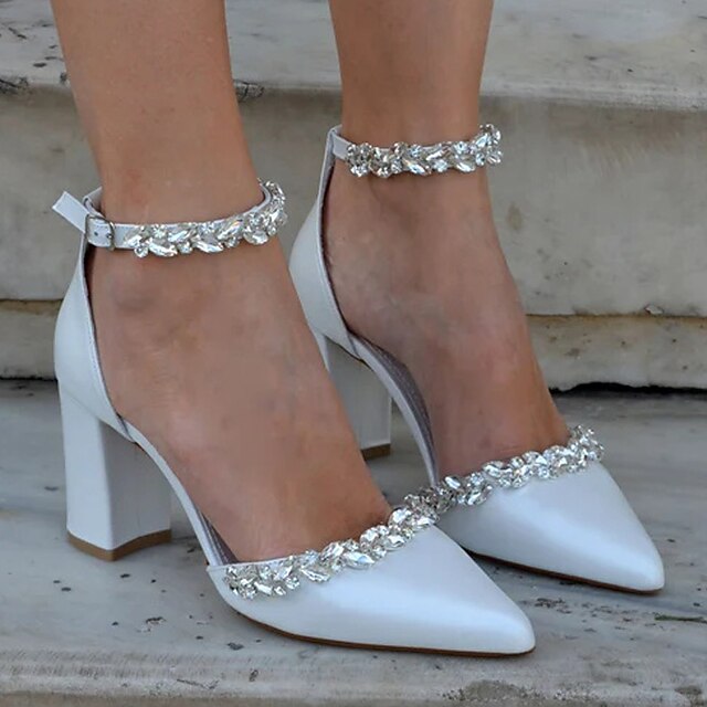 Women's Wedding Shoes Lace Pointed Toe Block Heel Bridal Shoes with Crystals