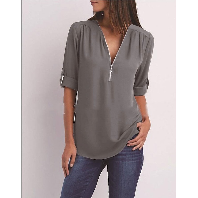  chemisier femme chemise fermeture éclair basique uni quotidien col v t-shirt manche régulier été blanc noir rose gris bleu foncé