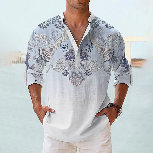 Men's Shirt Linen Shirt Floral Graphic Prints Stand Collar White Yellow ...